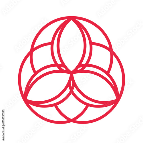 Red interconnected circular shapes forming a symmetrical abstract pattern on white background circle