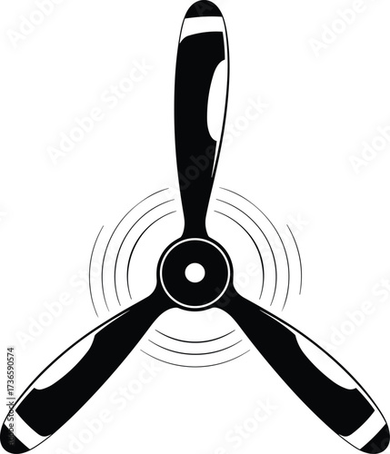 Black silhouette of a three-bladed airplane propeller with motion lines aircraft aviation