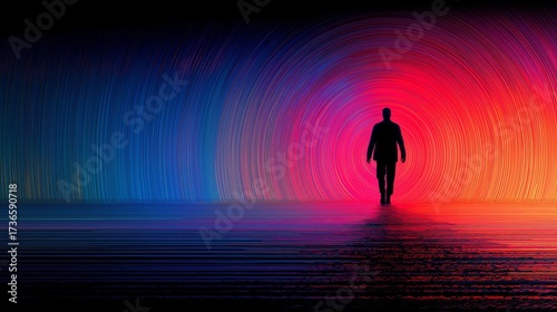Silhouette of a man walking through a vibrant tunnel of circular light patterns