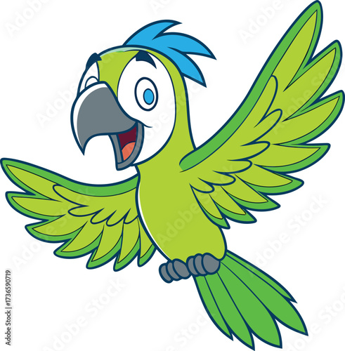 Vector art of happy cartoon green parrot flying with wings spread