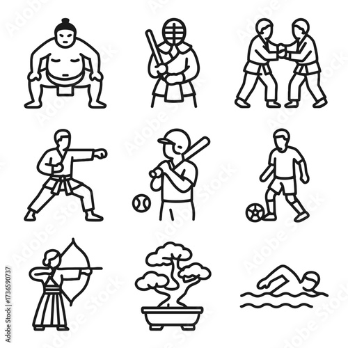 Soccer japanese swimming icons baseball icon sumo sports archery vector bonsai kendo