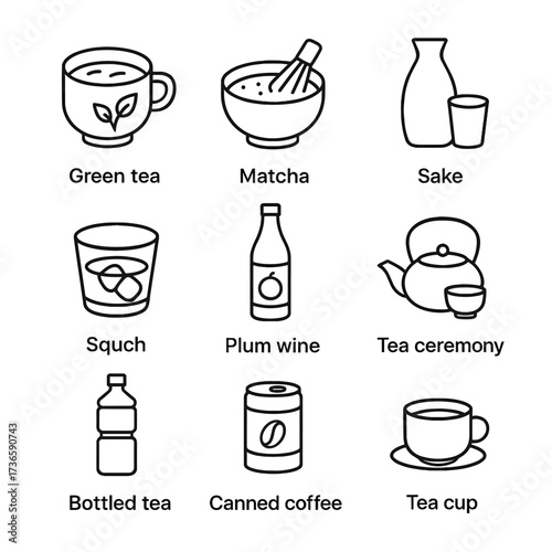 Wine beverage plum bottled cup set tea icon canned japanese vector sake