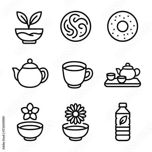 Green icons chinese tea ceremony cup set vector chrysanthemum pot bottled icon