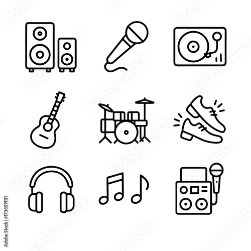 Icons guitar set birthday icon dancing microphone vector notes drum speakers shoes