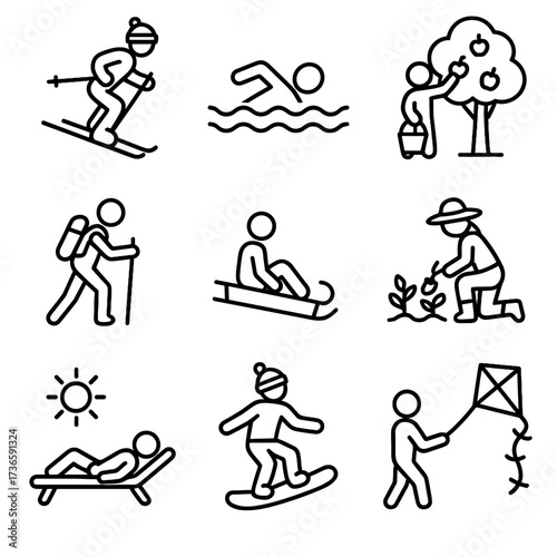Flying kite seasonal icon icons skiing sledding gardening vector sunbathing swimming activities