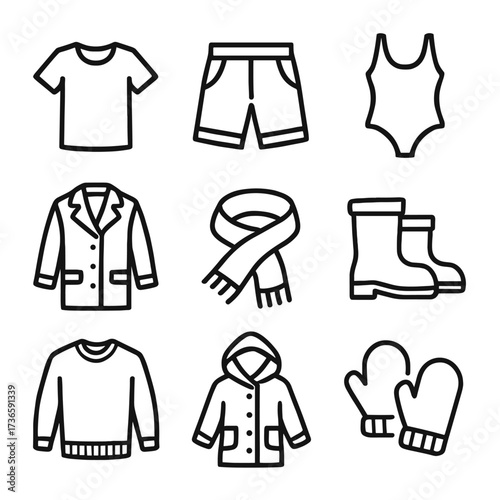 Shorts sweater icons scarf swimsuit vector raincoat boots mittens clothing seasonal coat