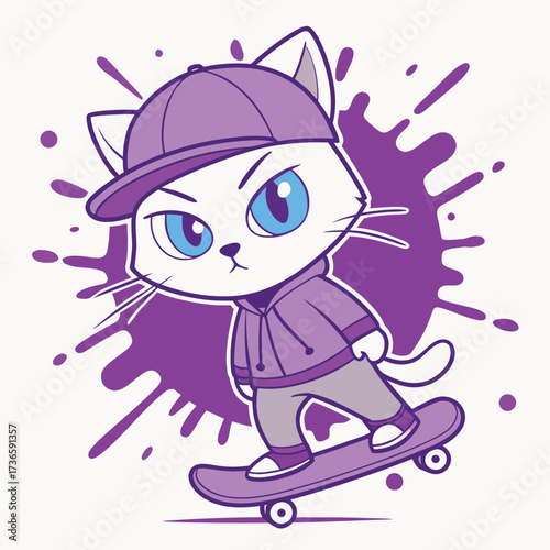 Vector art of cool cartoon cat wearing a baseball cap and hoodie, riding a skateboard with a purple splash background