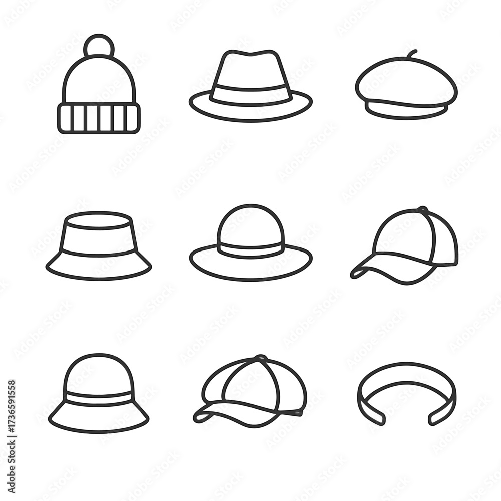 Fototapeta premium Fall vector headband beret cap icons beanie bucket hat icon newsboy fedora
