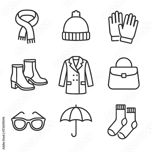 Hat sunglasses scarf umbrella vector coat socks icons icon gloves handbag fashion