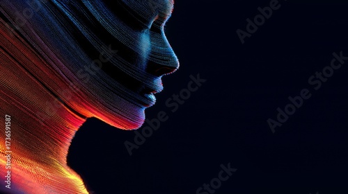 Abstract rendering of a human face composed of colorful glowing dots and lines against a dark background
