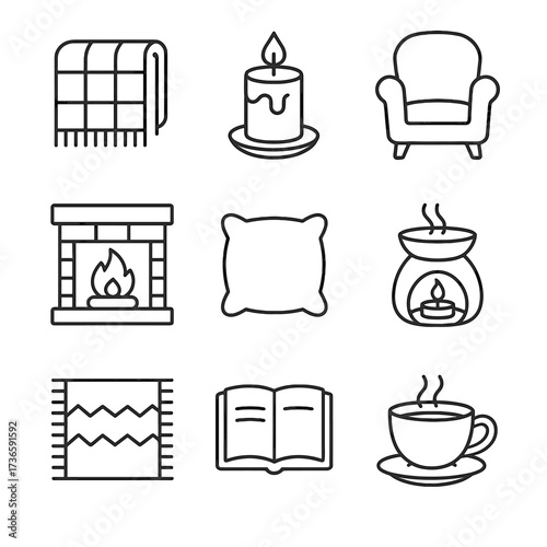Cozy icons rug book teacup icon lamp aromatherapy armchair home vector candle