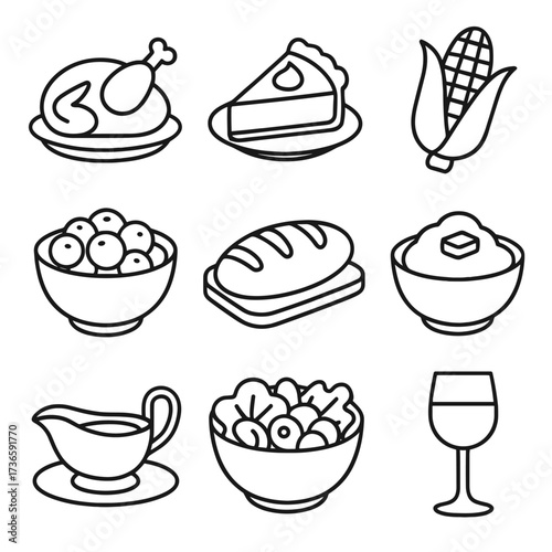 Mashed gravy icons thanksgiving pie glass vector turkey sauce corn icon dinner