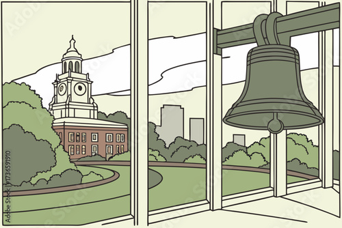 Liberty Bell in Philadelphia, Pennsylvania, historic cracked bell displayed in glass pavilion with city backdrop