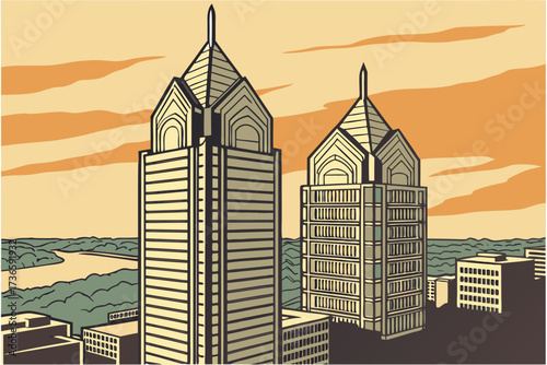Liberty Place Towers in Philadelphia, Pennsylvania, twin spired skyscrapers gleaming in sunset light