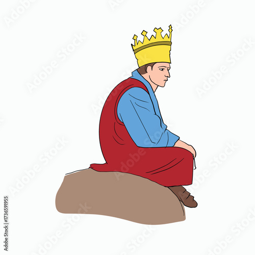 The Melancholy King Sitting in Solitude on a Lone Rock in His Regal Blue Robe and Red Cloak, Crowned with a Golden Crown