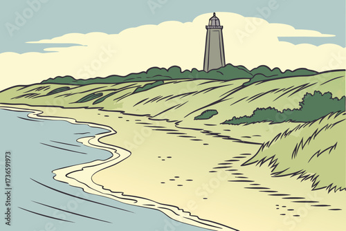 Kill Devil Hills Beach in North Carolina, sandy shoreline with Wright Brothers monument in distance