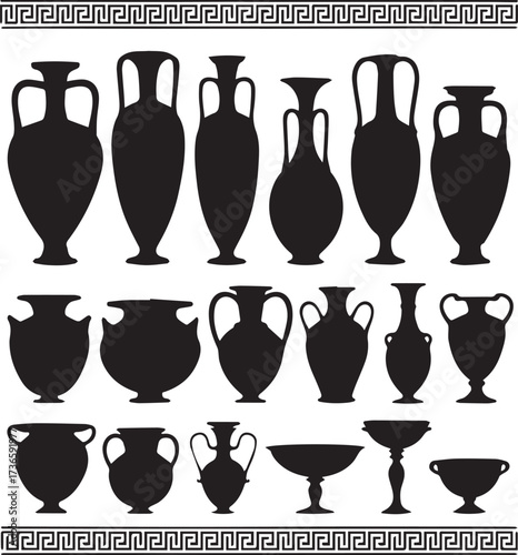Collection of black silhouette ancient Greek amphorae kraters and vases with meander border ancient Greece