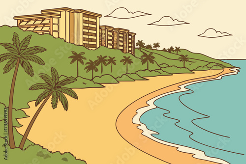 Kāʻanapali Beach in Maui, Hawaii, golden sandy shoreline with resorts and palm-lined promenade