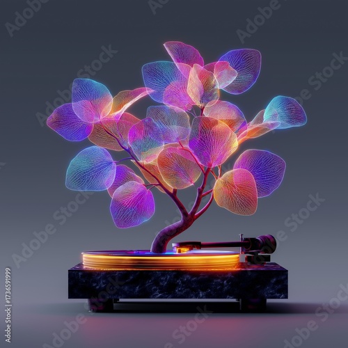 Glowing colorful abstract tree grows from a vintage turntable with a record spinning