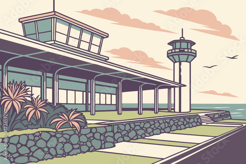 Kona International Airport in Hawaii, open-air pavilions with lava stone walls beside Pacific Ocean views