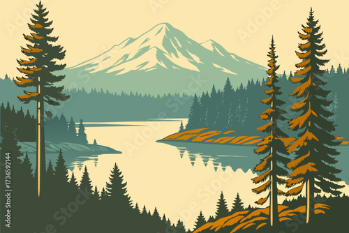 Lake Almanor in Northern California, peaceful waters reflecting pine forests and the snowy Lassen Peak