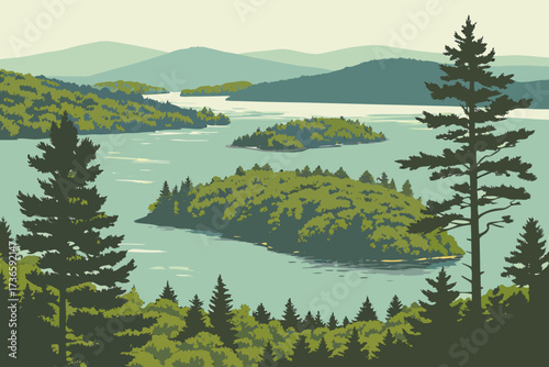 Lake George in New York’s Adirondacks, crystal waters with wooded islands and surrounding forested mountains