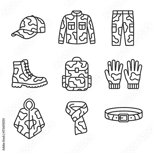 Boots camo set poncho jacket scarf gloves vector icon backpack hat camouflage
