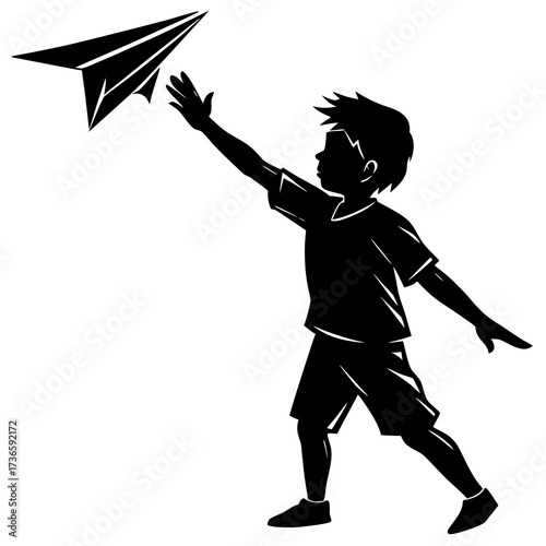 Black silhouette of a boy throwing a paper airplane