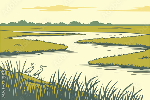 Lake Okeechobee in Florida, vast freshwater expanse with grassy wetlands and wading birds along the shoreline
