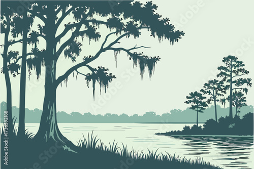 Lake Kissimmee in Florida, calm lake with cypress trees and Spanish moss along the swampy edges