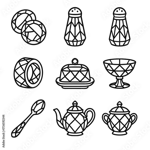 Napkin dish shaker icon spoon salt dining ring teapot crystal vector icons