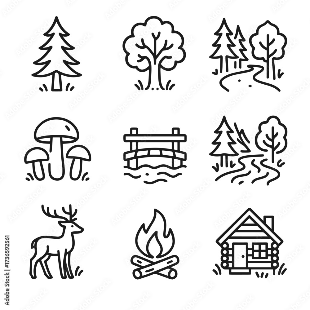 Fototapeta premium Forest vector path oak icon set cabin pine wild small deer