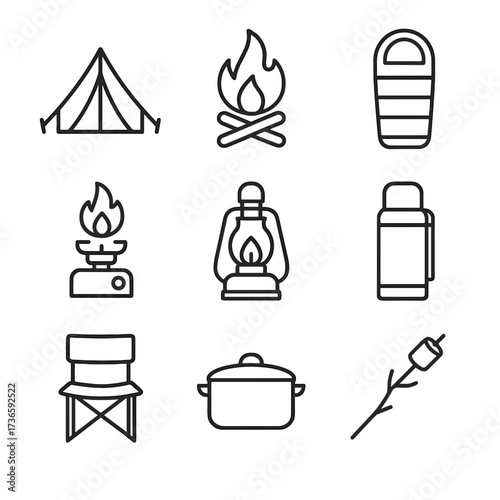 Icons stove folding pot mountain sleeping cooking icon tent vector bag portable