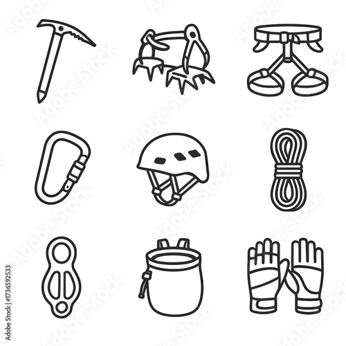 Gear mountain chalk crampons climbing carabiner bag vector belay device gloves icon
