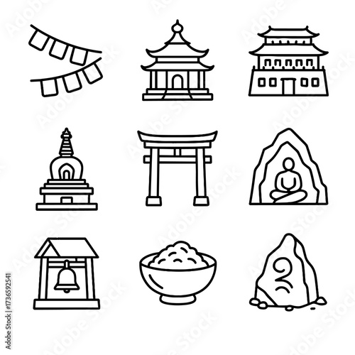 Monastery temple cave icons meditation mountain gate sacred vector bell stupa icon