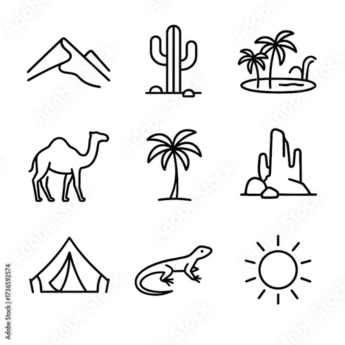 Desert tent tree palm icons icon rock cactus sand caravan vector landscape