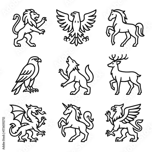 Icons vector eagle dragon wolf animal lion falcon royal unicorn deer griffin