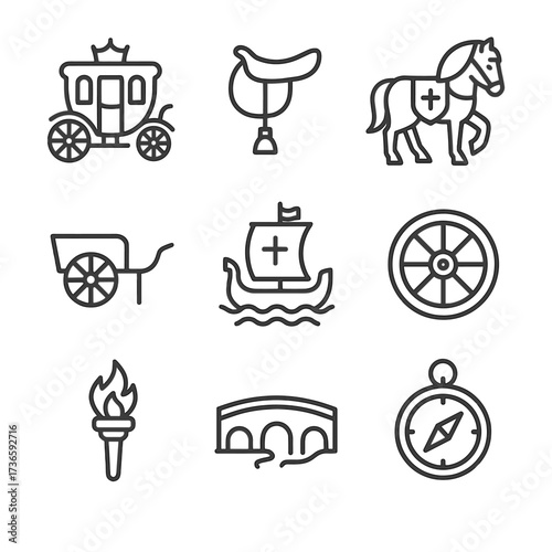 Bridge royal compass carriage icons cartwheel vector war kingdom icon saddle transport