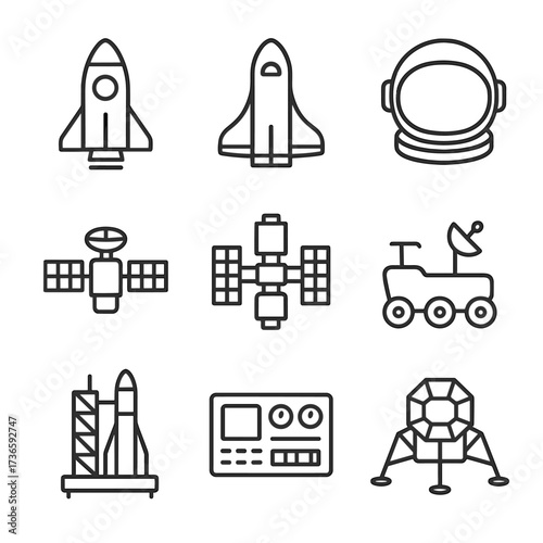 Panel exploration pad vector control astronaut rover helmet rocket icon satellite space