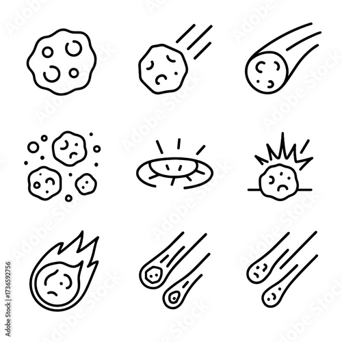 Comet icon meteorite set vector fireball crater shower asteroid belt meteor
