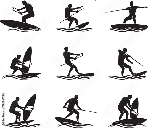 Collection of black silhouette icons depicting windsurfing and paddleboarding on water sports