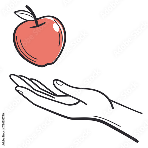 A simple line drawing illustration of an open hand gently offering a red apple with a stem and two leaves against a white background