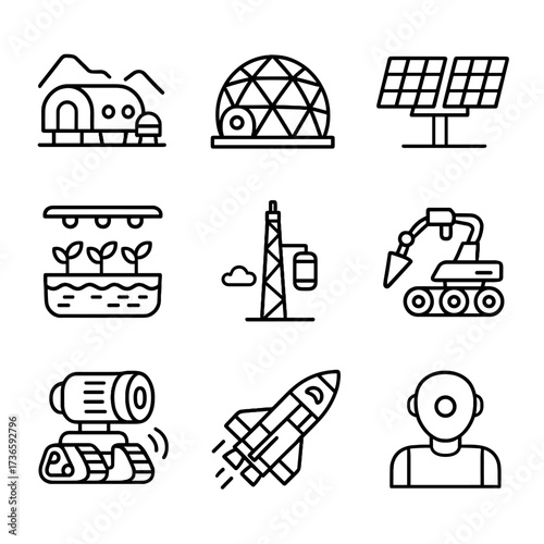 Vector hydroponic ship colonization base space assistant icon future terraforming robot mars