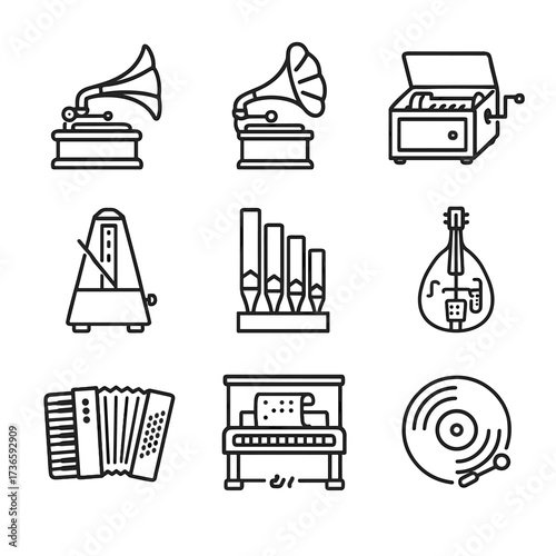Gramophone phonograph pipes disc icons icon piano box organ accordion vector mechanical