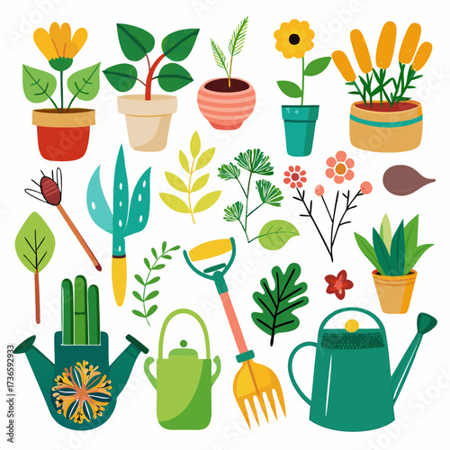 Flat vector illustration of gardening tools and potted plants