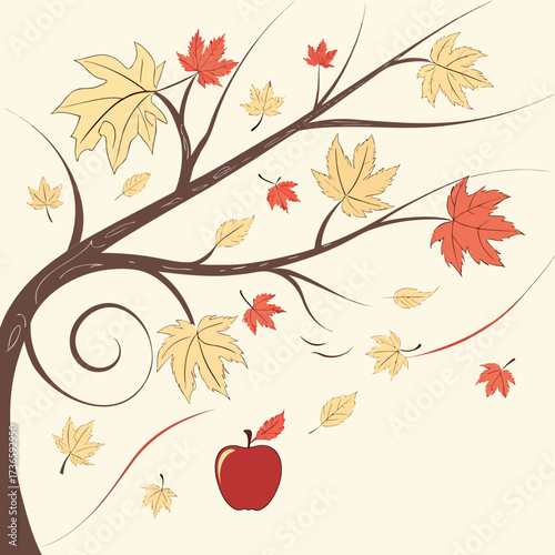Stylized autumn tree with falling maple leaves in warm red and yellow colors and a single red apple at the bottom