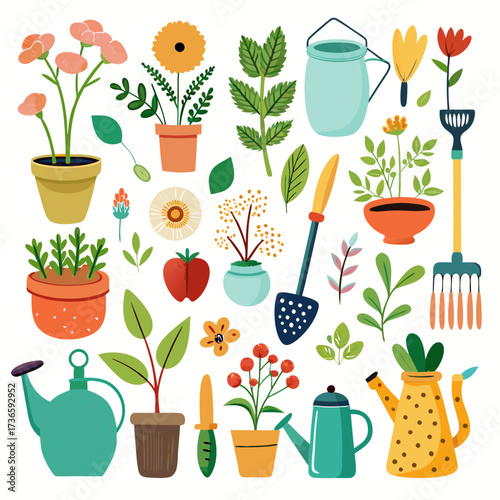 Flat illustration of plants, flowers, and gardening tools collection