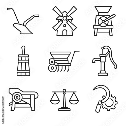 Grain water tool icons agricultural pump scale drill vector sickle seed machine