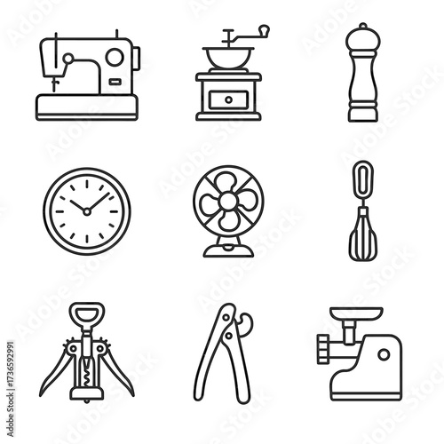 Household wall coffee vector devices icons egg beater pepper machine grinder clock