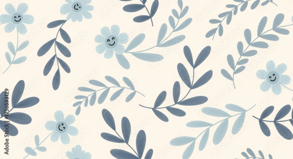 Fototapeta premium Cute floral pattern with blue flowers and leaves scattered on a cream background creating a whimsical and cheerful spring vibe.